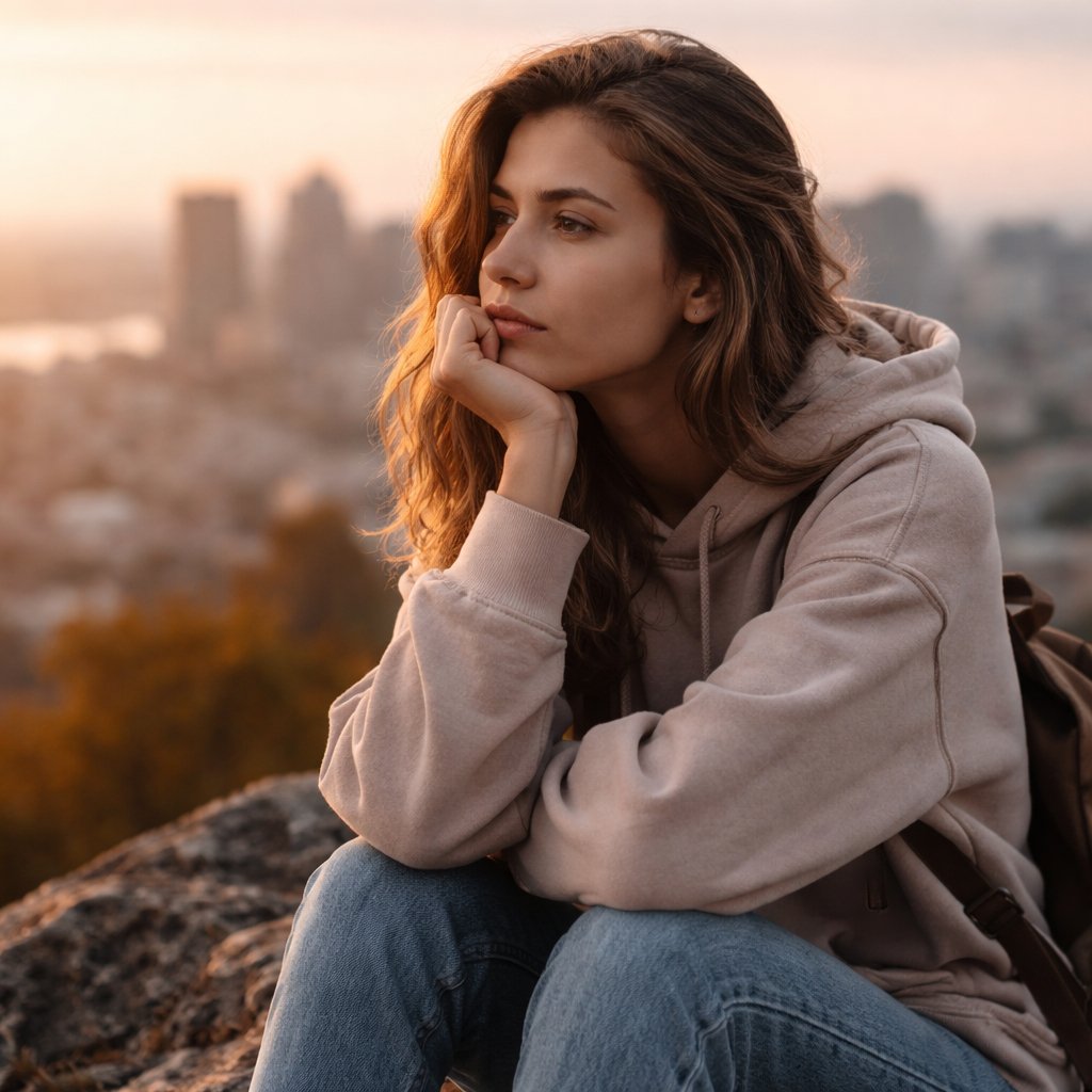 Young adult sitting alone outdoors at sunset, looking thoughtful and uncertain during a life transition