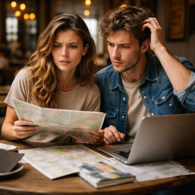 Young adults studying a map and laptop together, symbolizing how most people are just improvising their way through life decisions