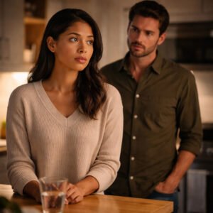 Covert manipulation in relationships shown as a tense woman at a kitchen counter while her partner watches her with a calm but pressuring expression.