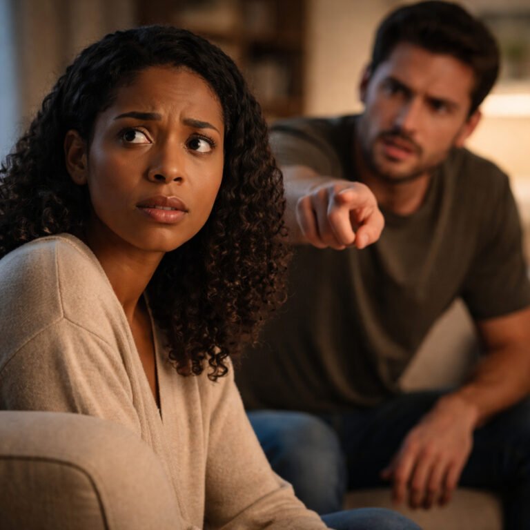 DARVO in relationships illustrated by a confused woman on a sofa while her partner points at her in a tense blame-reversal moment.