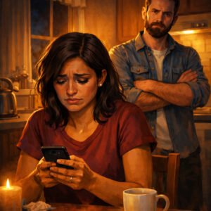 Guilt-tripping in relationships shown as a woman looking stressed at her phone while her partner stands behind her with crossed arms in a tense kitchen scene.