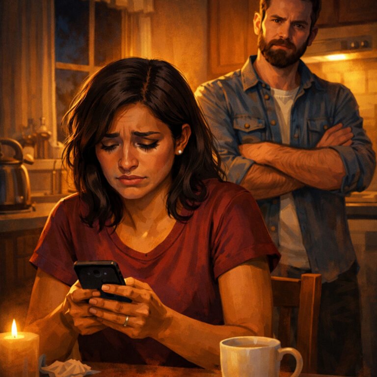 Guilt-tripping in relationships shown as a woman looking stressed at her phone while her partner stands behind her with crossed arms in a tense kitchen scene.