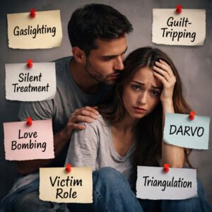 Manipulation tactics in relationships shown through a couple surrounded by labels like gaslighting, guilt-tripping, silent treatment, DARVO, love bombing, triangulation, and victim role