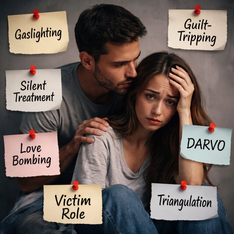 Manipulation tactics in relationships shown through a couple surrounded by labels like gaslighting, guilt-tripping, silent treatment, DARVO, love bombing, triangulation, and victim role