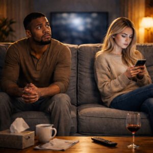 Silent treatment in relationships shown as a couple sitting far apart on the same sofa, with one partner emotionally cold and the other looking hurt and confused.