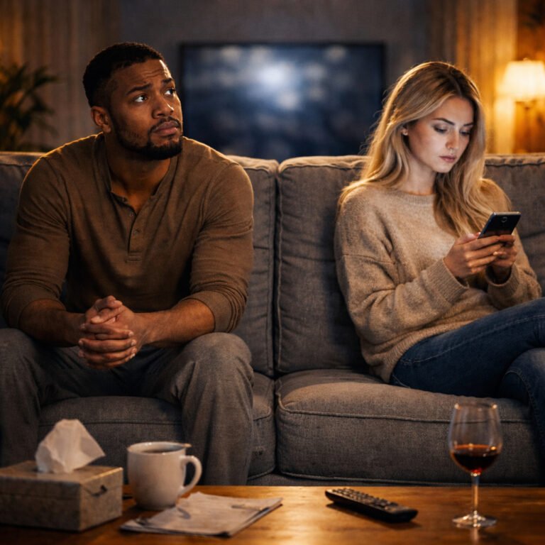 Silent treatment in relationships shown as a couple sitting far apart on the same sofa, with one partner emotionally cold and the other looking hurt and confused.