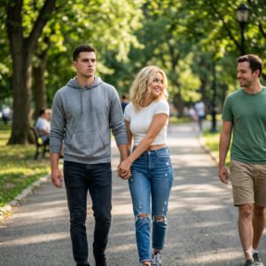 Woman flirting with another man while holding her partner’s hand in a park, showing attention-seeking behavior and emotional tension in a relationship