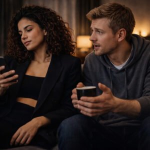Couple showing imbalance in relationship effort, one partner engaged while the other appears disengaged, illustrating double standards in relationships