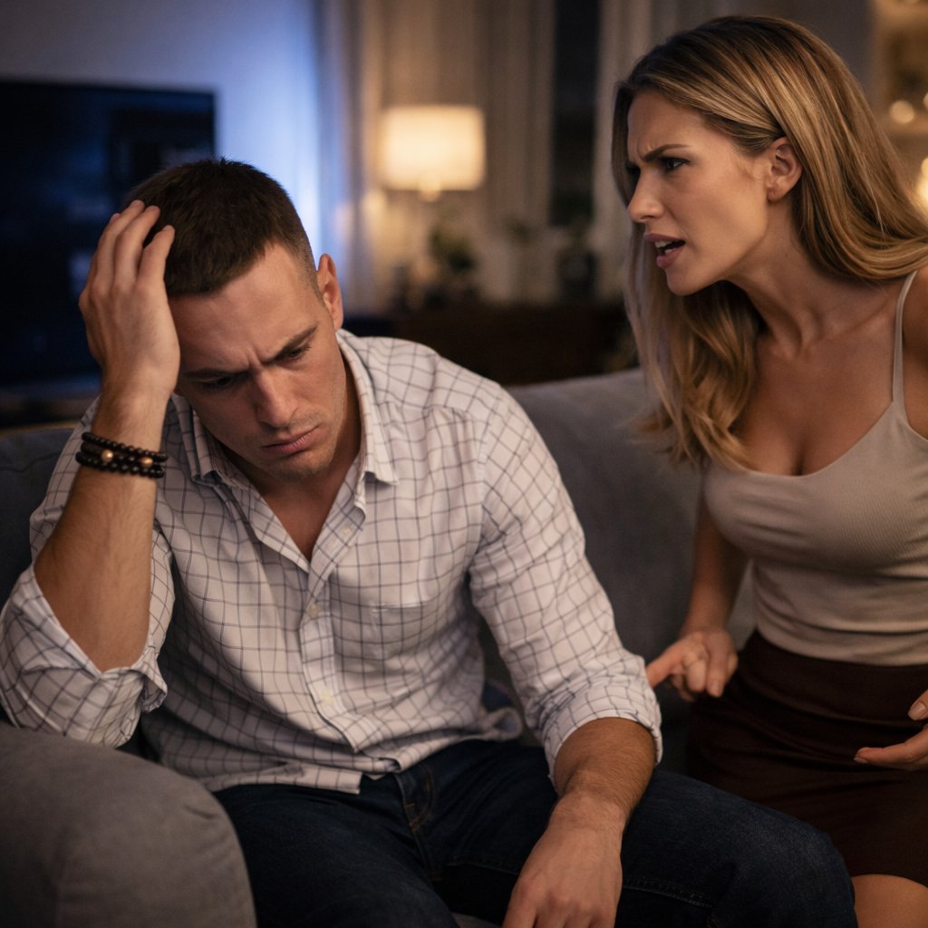 Emotional blackmail in relationships shown as a frustrated man sitting on a couch while his partner stands beside him speaking in a blaming and pressuring way.