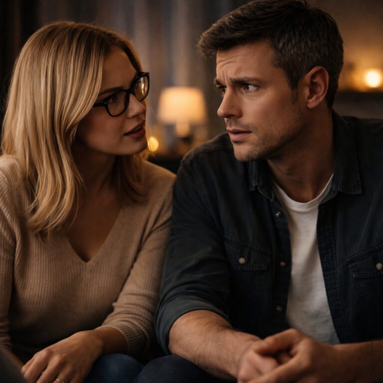 Couple sitting with subtle emotional tension, woman watching partner’s reaction while man appears uncertain, illustrating emotional testing in relationships