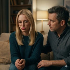 Couple sitting in silence with emotional tension, woman looking away while man appears concerned, illustrating guilt in relationships