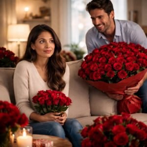 Love bombing in relationships illustrated by a man giving multiple bouquets of red roses to a surprised woman sitting on a couch