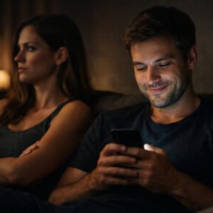 Man secretly smiling at phone while sitting next to partner who looks distant and suspicious, illustrating micro-cheating and emotional disconnect