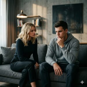 Couple sitting with emotional tension, woman looking demanding while man appears stressed, illustrating pressure from unrealistic relationship expectations