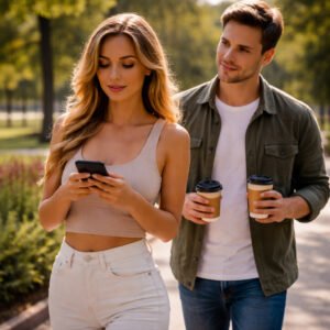 Couple walking in a park, woman focused on her phone while man follows with coffee, illustrating one-sided effort and imbalance in a relationship
