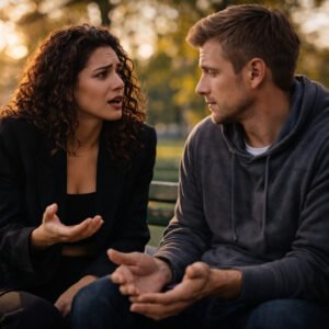 Couple having an emotional conversation in a park, woman expressing strong emotions while man pulls back, illustrating weaponized vulnerability in relationships