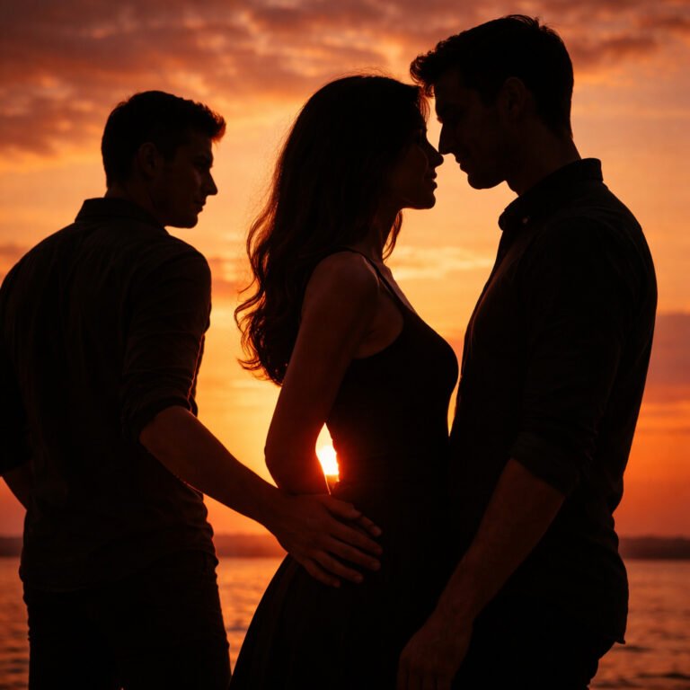 Silhouette love triangle at sunset illustrating the psychology behind infidelity in modern relationships.