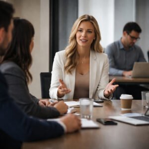Attention matters concept showing a confident female leader speaking at a meeting while others focus their attention on her