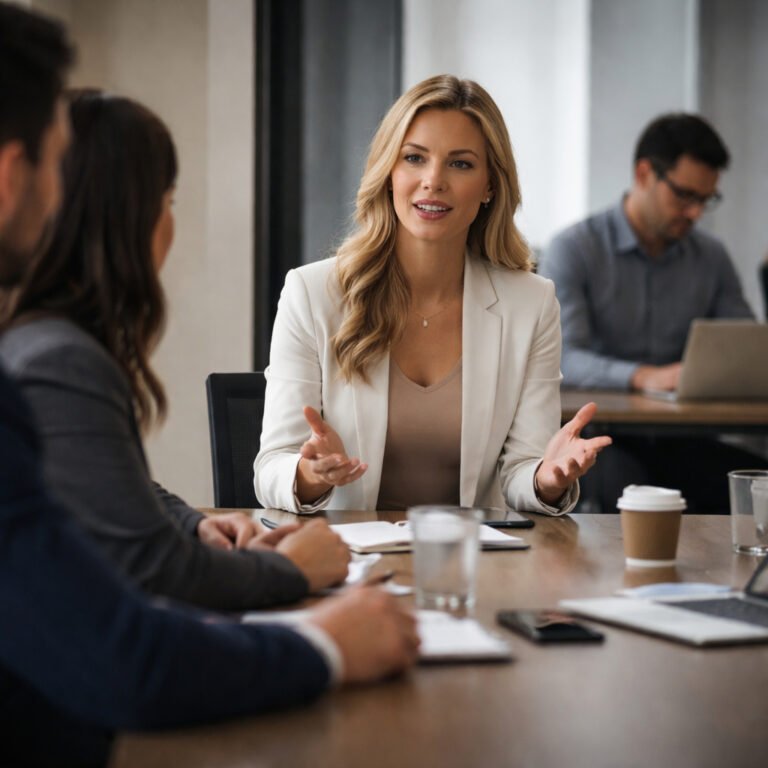 Attention matters concept showing a confident female leader speaking at a meeting while others focus their attention on her