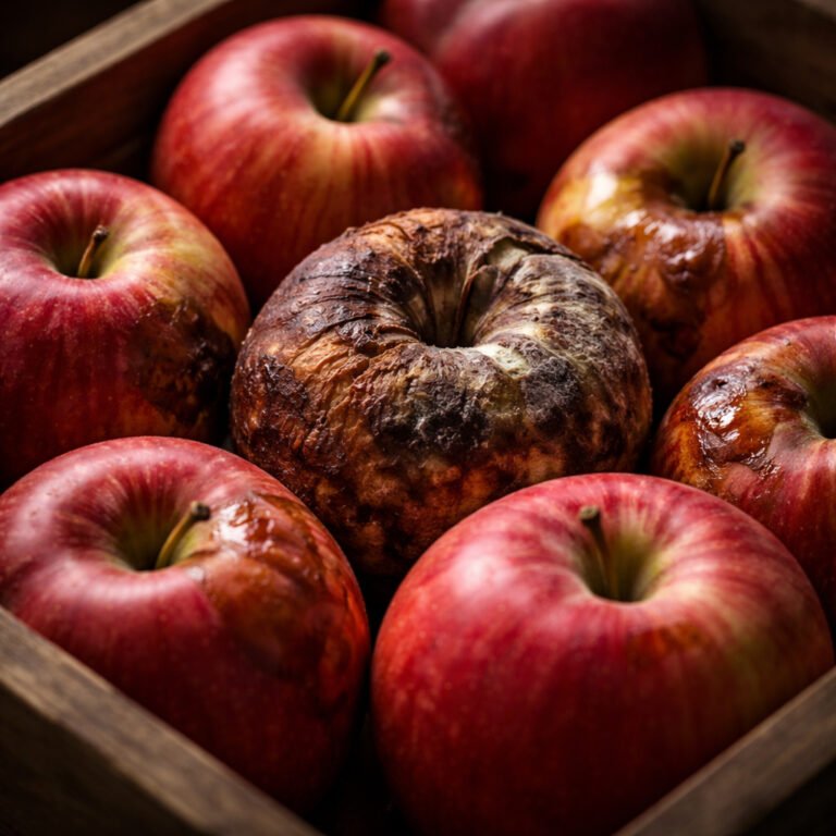 rotten apple spreading decay to surrounding fresh apples through contact