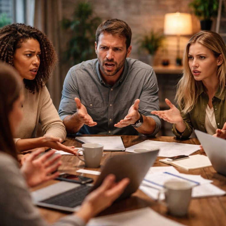 team meeting with frustrated people showing how negative energy spreads in a workplace